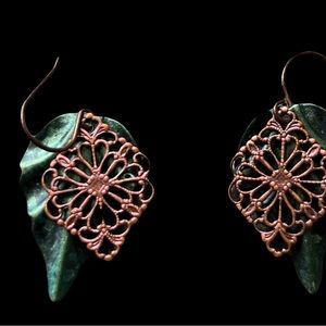 Artisan Bohemian Green Leaf and Copper Lattice Earrings NWOT